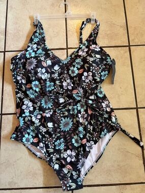Floral Black One-Piece Swimsuit with Tie Waist